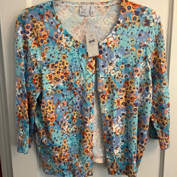 J. Jill Sweaters - J. Jill Aqua Floral Button Cardigan with Orange Accents